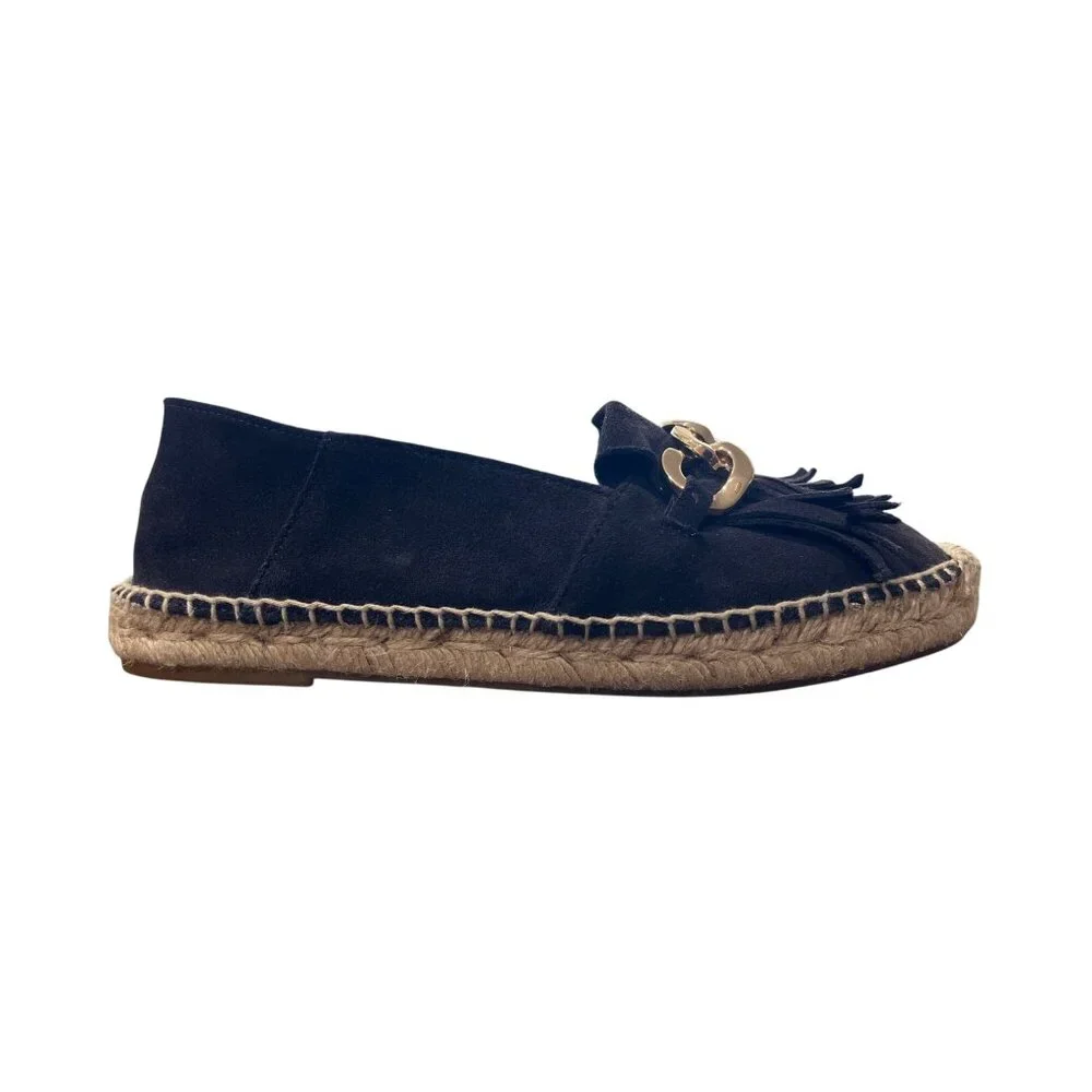 Massimo Dutti Black Suede Espadrille Loafer Gold-Chain Fringe EU 38 / US 7.5